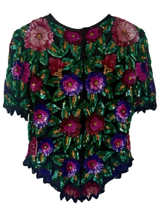 Laurence Kazar Tops - Vintage Laurence Kazar Silk Sequin Beaded Top 80s 90s Floral Scalloped Blouse